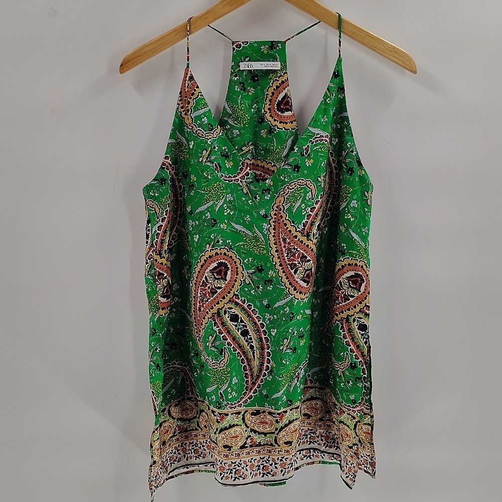 ZARA green paisley print split side halter top size medium